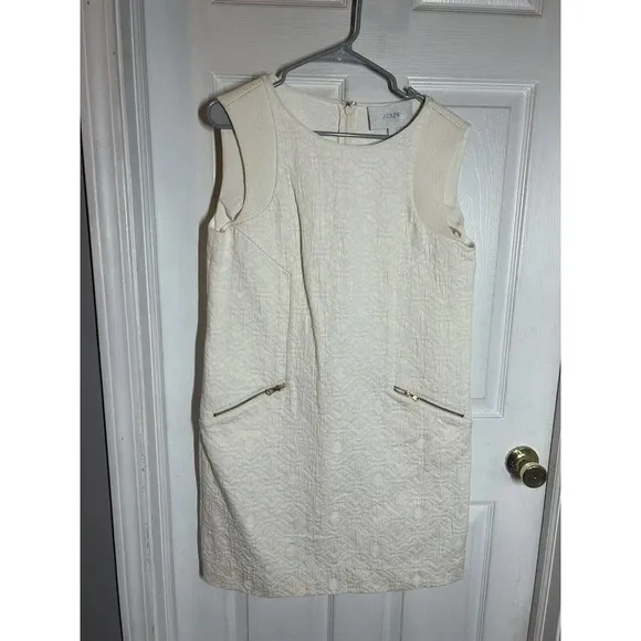 J Crew Ivory Jacquard Textured Zip Pocket Sleeveless Shift Dress Women’s Size M