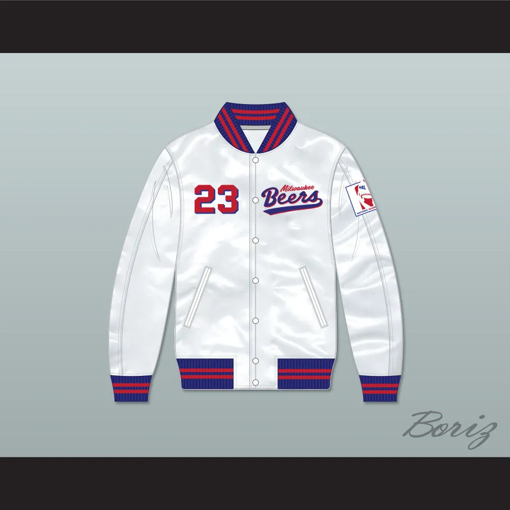 Kenny Scolari 23 Milwaukee Beers BASEketball White Varsity Letterman Satin Bomber Jacket