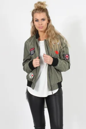 Khaki Badge Detail Bomber Jacket - Suzy