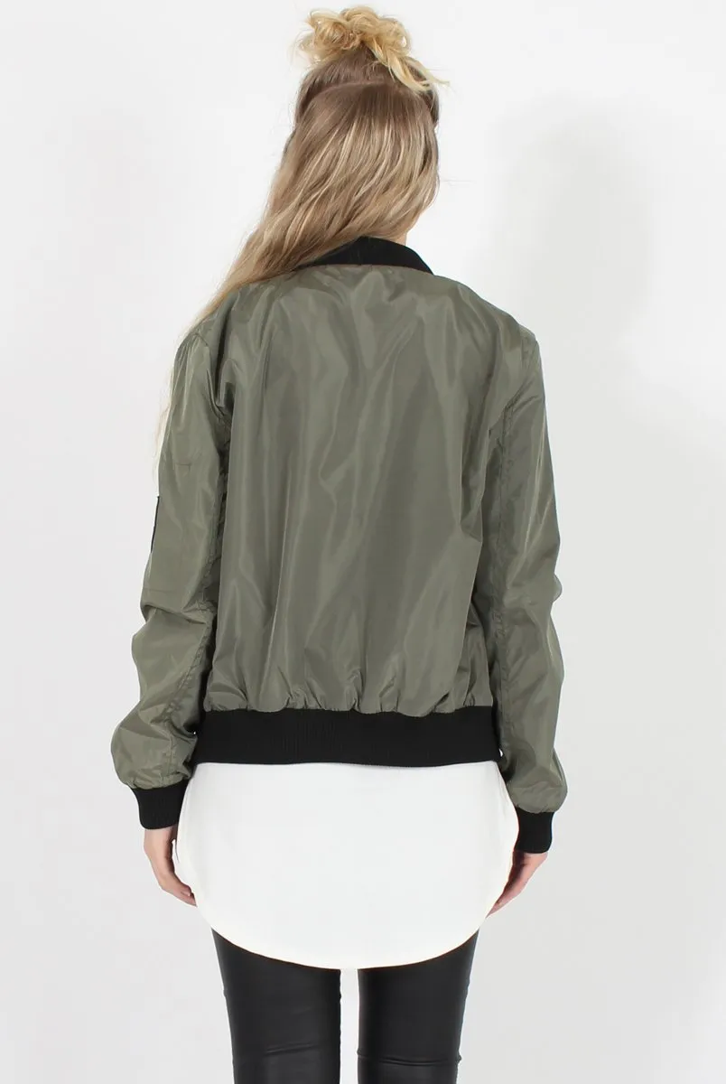Khaki Badge Detail Bomber Jacket - Suzy