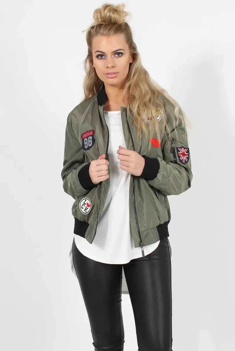 Khaki Badge Detail Bomber Jacket - Suzy