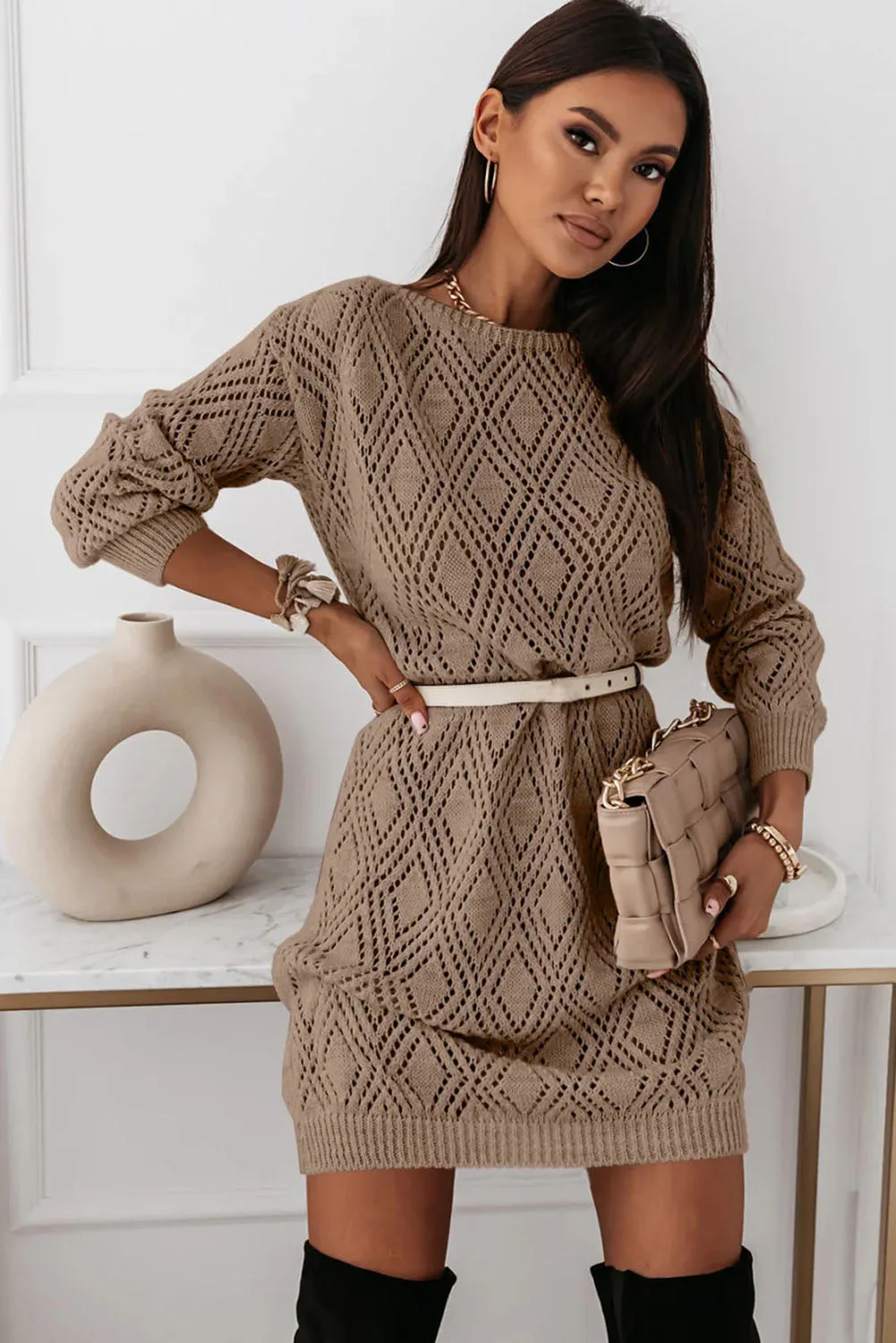 Khaki Rhombic Open Knit Ribbed Trim Shift Sweater Dress