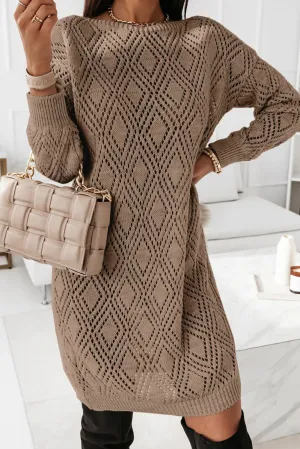 Khaki Rhombic Open Knit Ribbed Trim Shift Sweater Dress