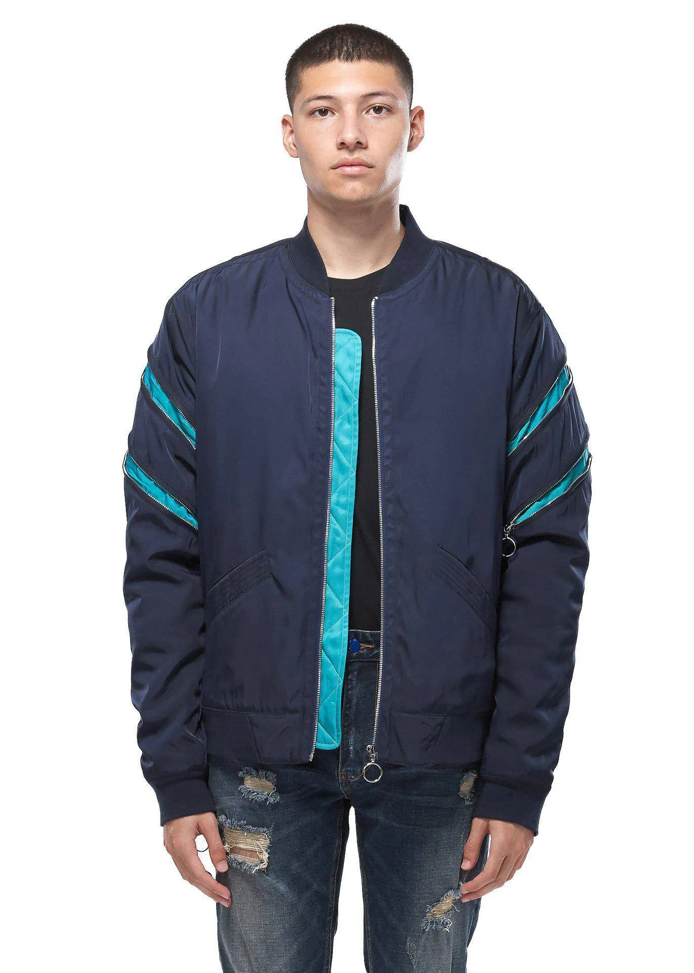 Konus Men's Bomber Jacket with Zipper Details in Navy by Shop at Konus