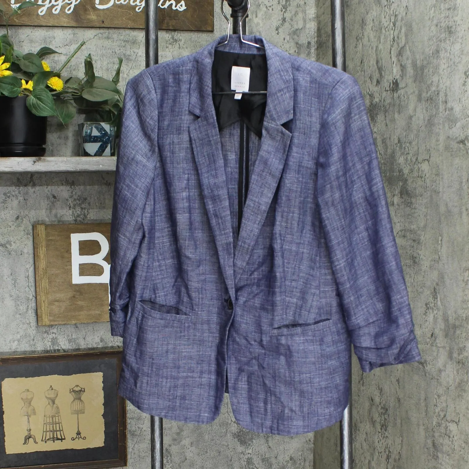 Lauren Conrad Womens Lightweight Ruched Sleeve Blazer Jacket Blue M