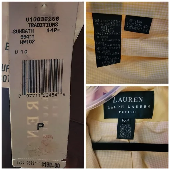 Lauren, Ralph Lauren. 100% Cotton, Light yellow Jacket. PS NWT