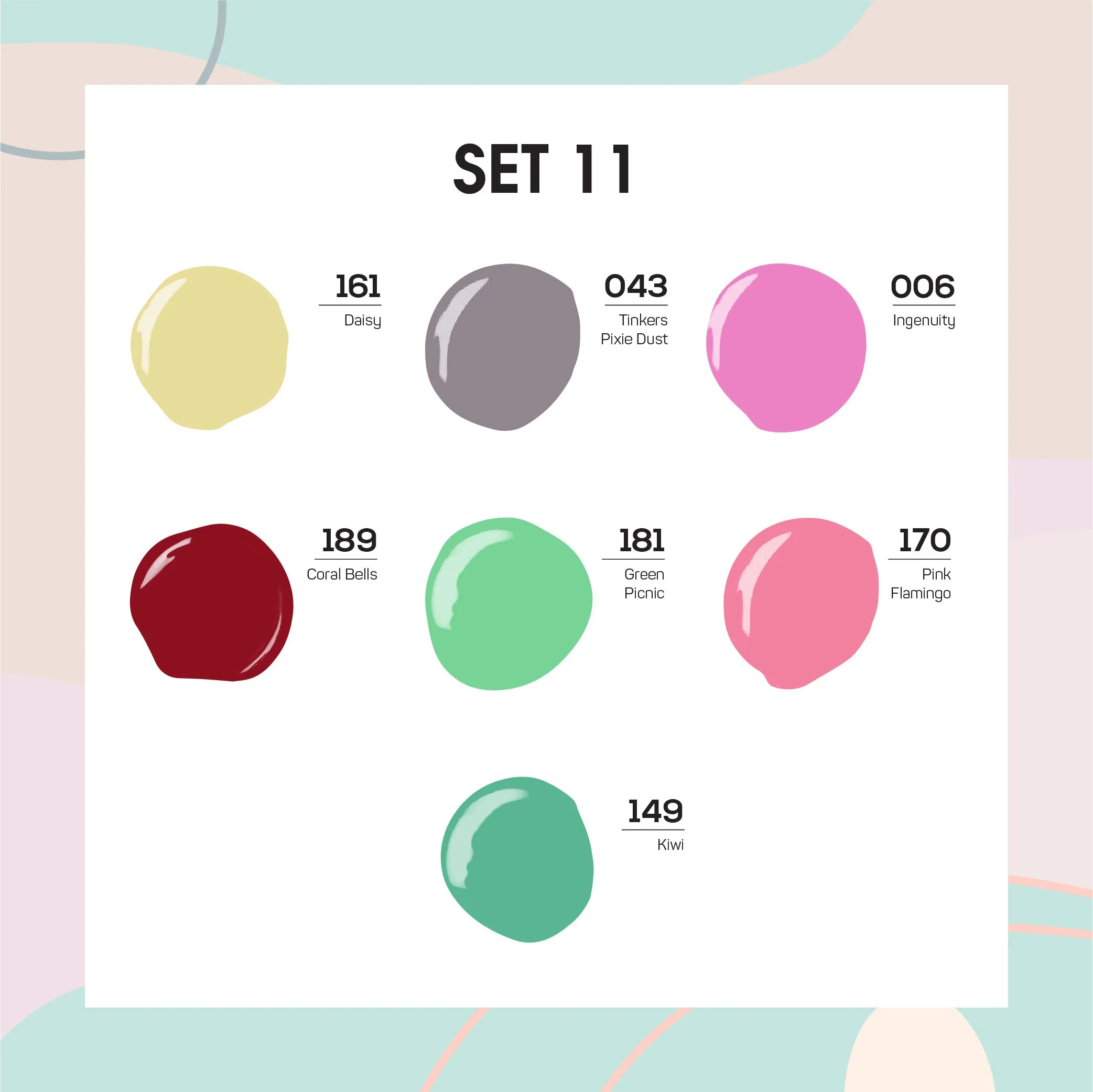 Lavis Holiday Collection: 7 Gel Polishes, 1 Base Gel, 1 Top Gel - Set 11 - 161; 043; 006; 189; 181; 170; 149   BT
