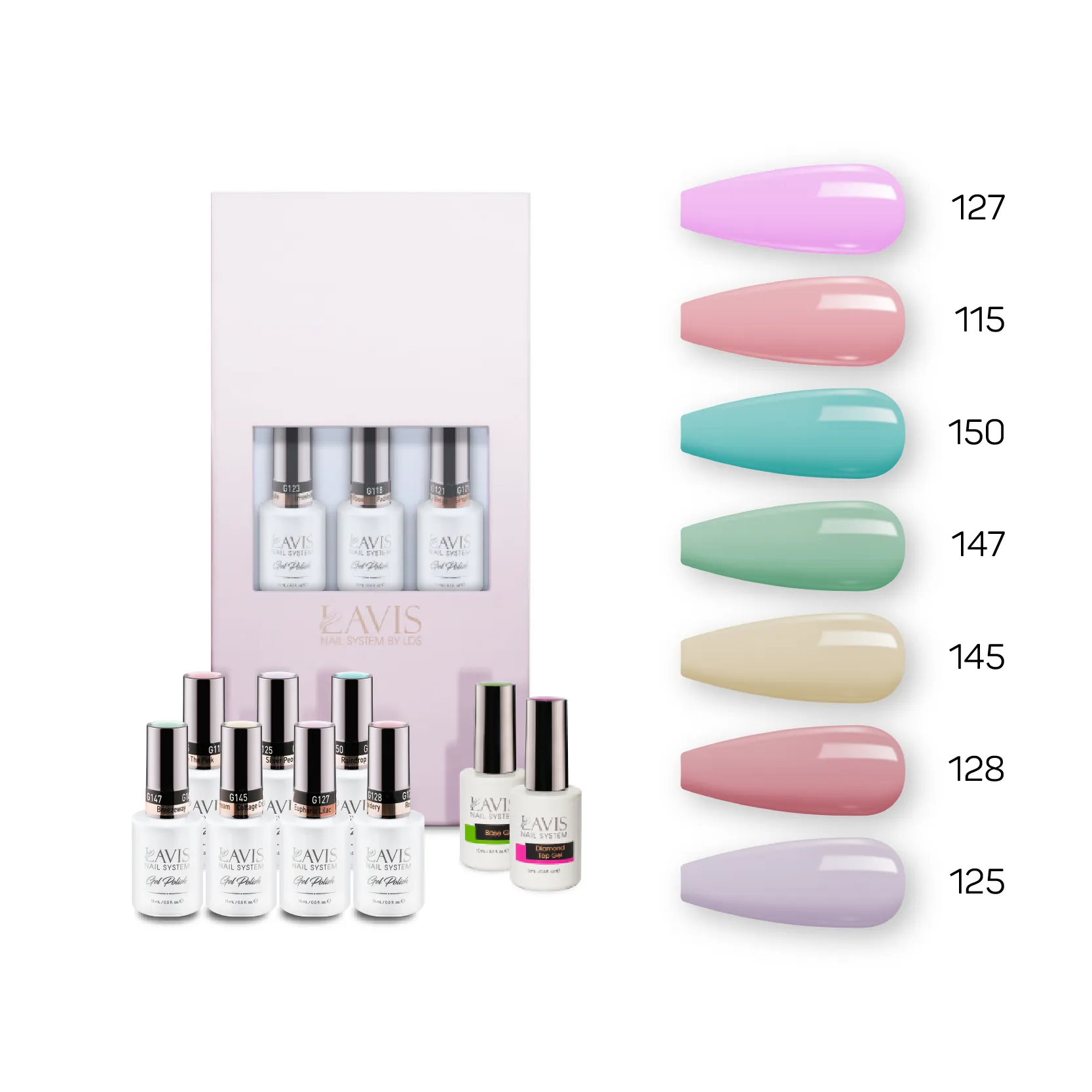 Lavis Holiday Collection: 7 Gel Polishes, 1 Base Gel, 1 Top Gel - Set 3 - 127, 115, 150, 147, 145, 128, 125   BT