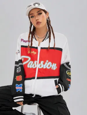 Letter Graphic Colorblock Drop Shoulder Bomber Jacket