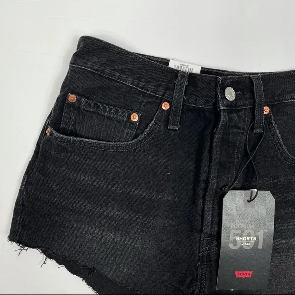 Levi’s 501 High Rise Black Distressed Raw Hem Button Up‎ Denim Shorts 30