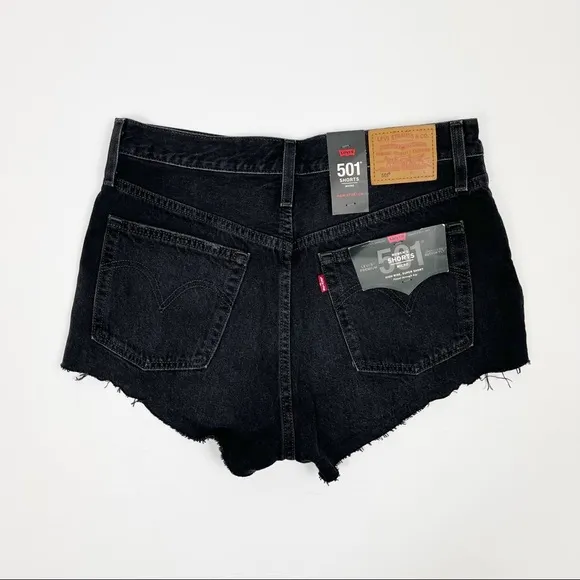 Levi’s 501 High Rise Black Distressed Raw Hem Button Up‎ Denim Shorts 30