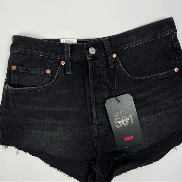 Levi’s 501 High Rise Black Distressed Raw Hem Button Up‎ Denim Shorts 30