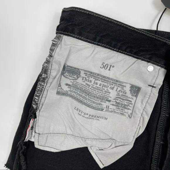 Levi’s 501 High Rise Black Distressed Raw Hem Button Up‎ Denim Shorts 30