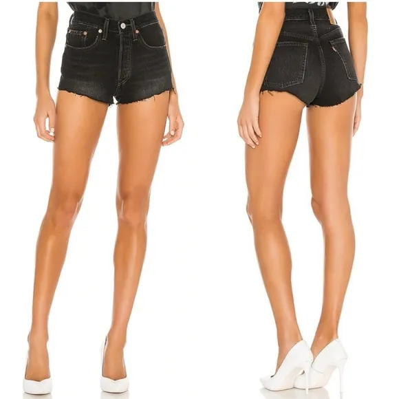 Levi’s 501 High Rise Black Distressed Raw Hem Button Up‎ Denim Shorts 30