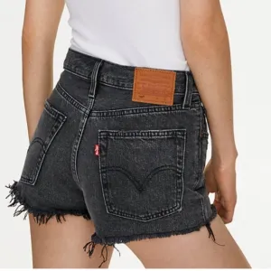 Levi’s 501 High Rise Black Distressed Raw Hem Button Up‎ Denim Shorts 30
