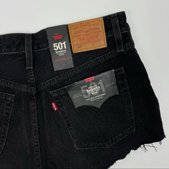 Levi’s 501 High Rise Black Distressed Raw Hem Button Up‎ Denim Shorts 30