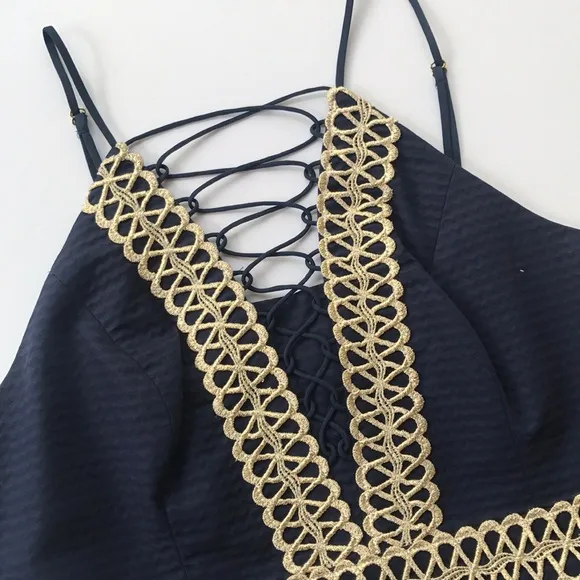 Lilly Pulitzer Shift Dress Solid Navy Gold Trim Sundress Graduation Party Garden