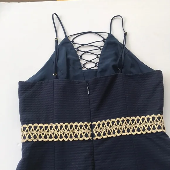 Lilly Pulitzer Shift Dress Solid Navy Gold Trim Sundress Graduation Party Garden