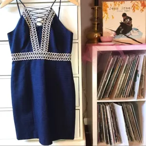 Lilly Pulitzer Shift Dress Solid Navy Gold Trim Sundress Graduation Party Garden
