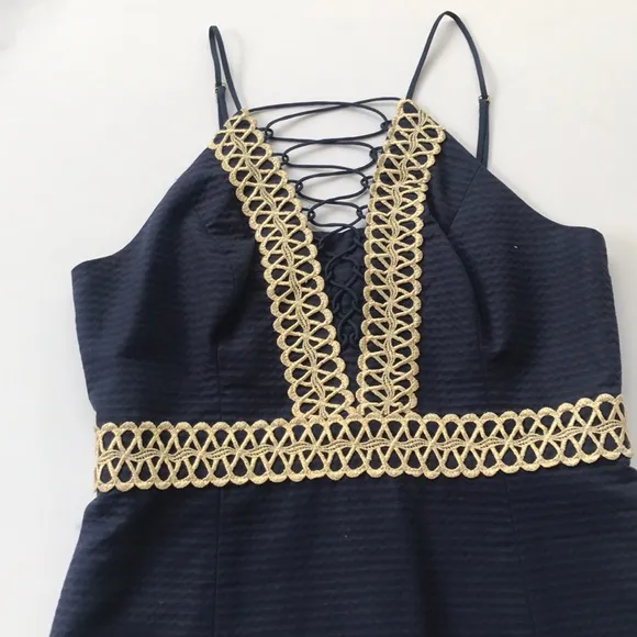 Lilly Pulitzer Shift Dress Solid Navy Gold Trim Sundress Graduation Party Garden