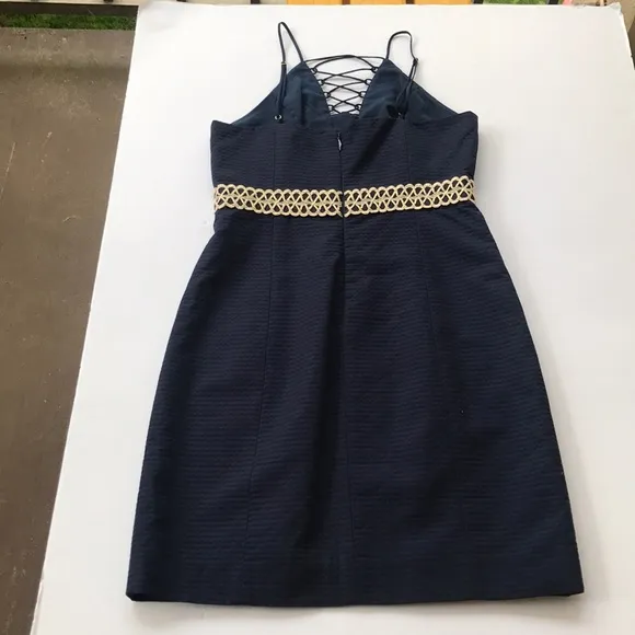 Lilly Pulitzer Shift Dress Solid Navy Gold Trim Sundress Graduation Party Garden