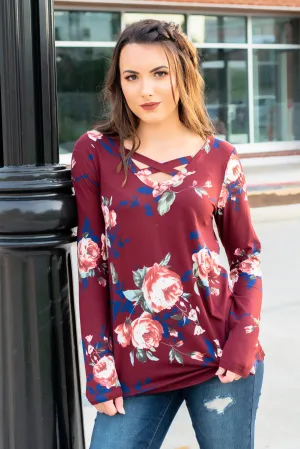 Lizzie Long Sleeve Floral Top- Burgundy