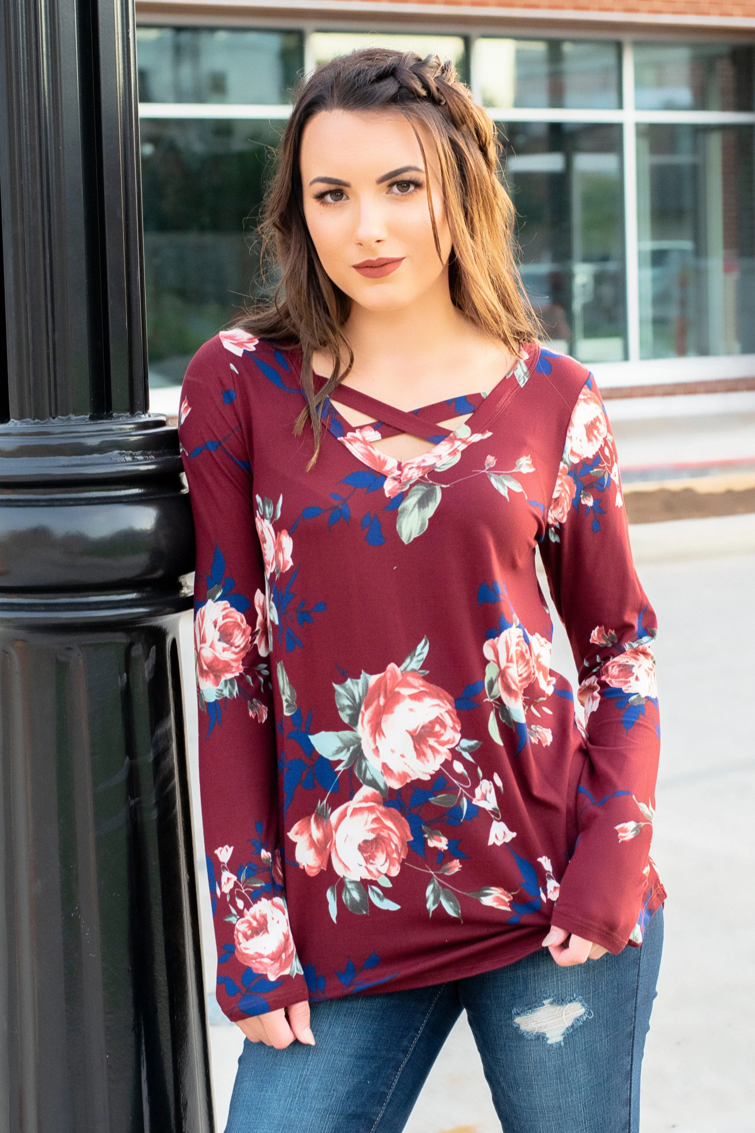 Lizzie Long Sleeve Floral Top- Burgundy