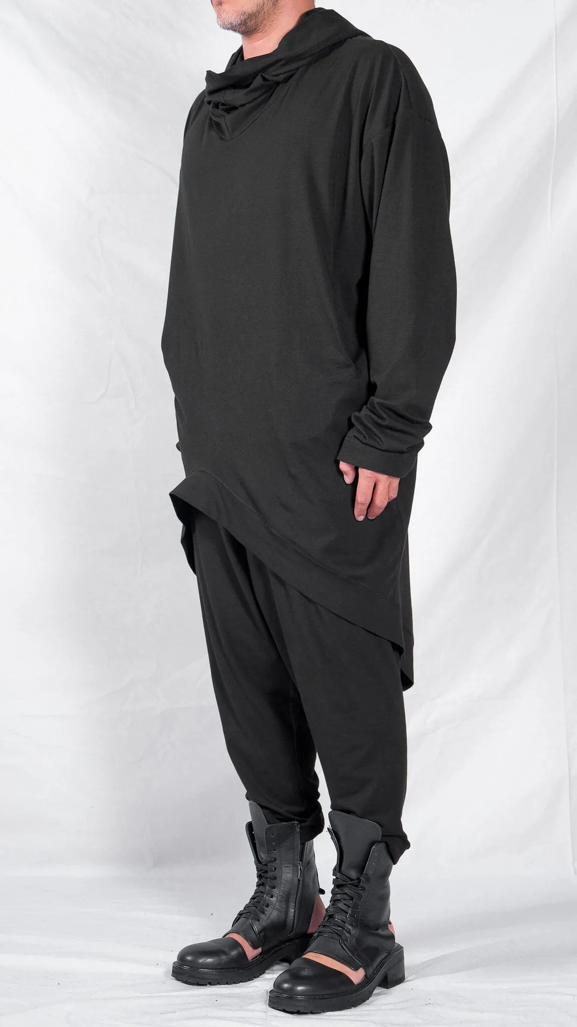 Long Jersey Hoodie with Wave Shaped Hem