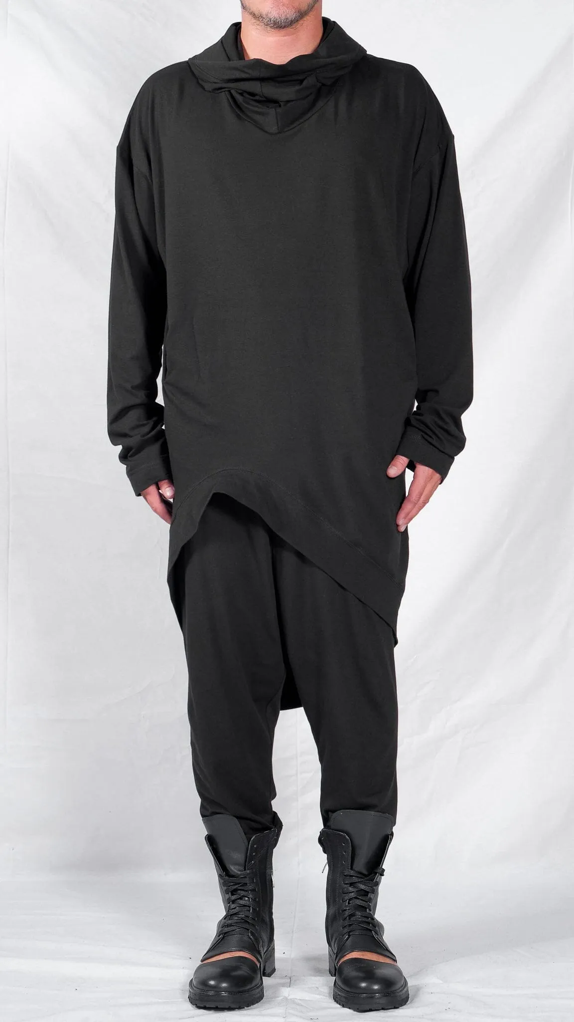 Long Jersey Hoodie with Wave Shaped Hem