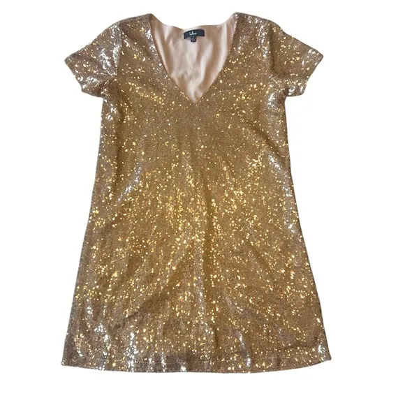 Lulus Light Up the Night Champagne Sequin short sleeve mini Dress size small