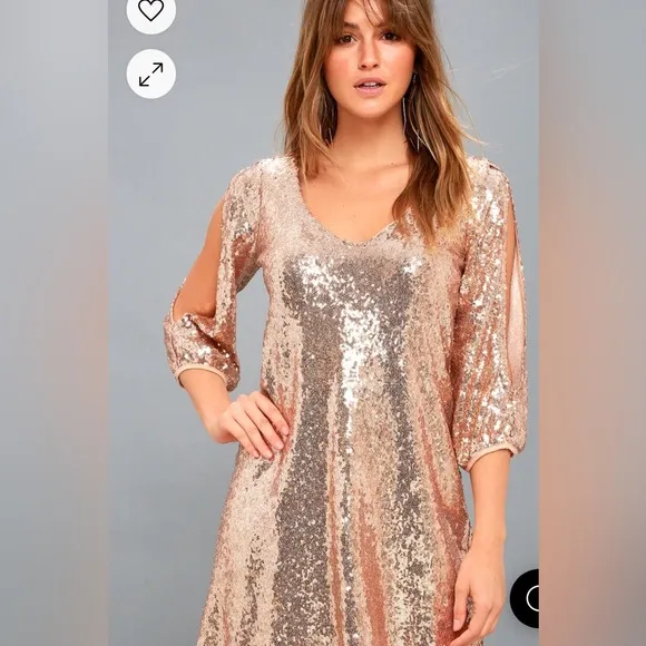 Lulu’s Moment to Shine Rose Gold Sequin Shift Dress‎ - EUC
