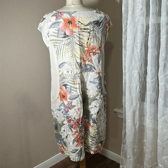 Lungo L'Arno Italy Linen Dress Women’s Size 1X Tropical Floral Shift Pockets
