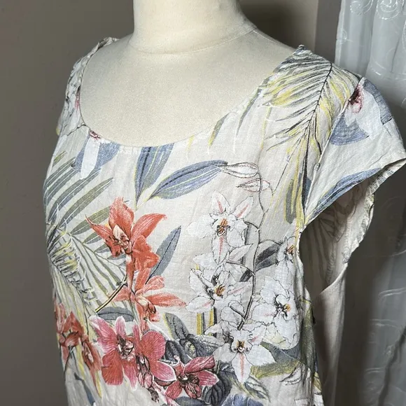 Lungo L'Arno Italy Linen Dress Women’s Size 1X Tropical Floral Shift Pockets