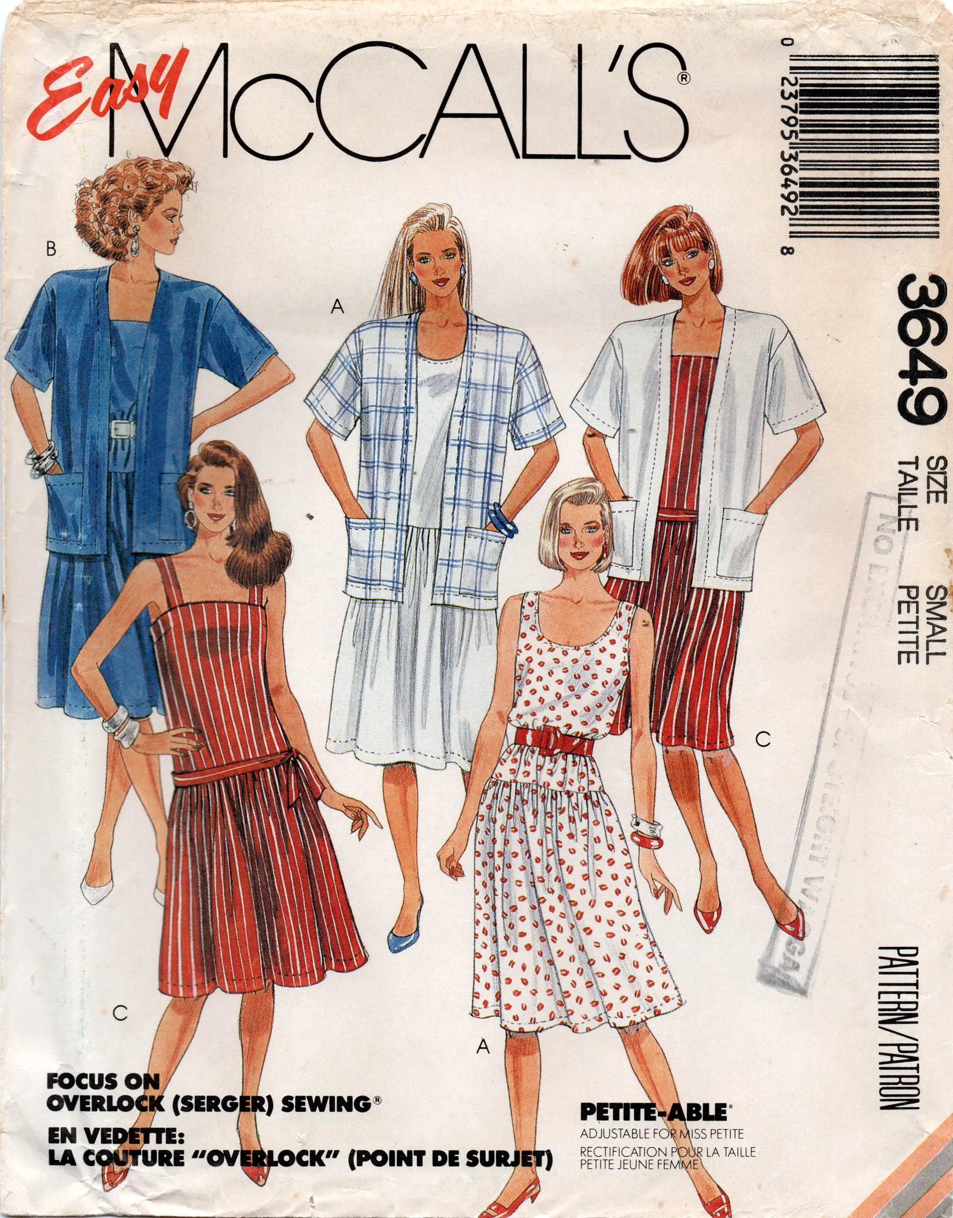 McCall's 3649 Womens EASY Drop Waist Dress & Jacket 1980s Vintage Sewing Pattern Size SMALL 10 -12