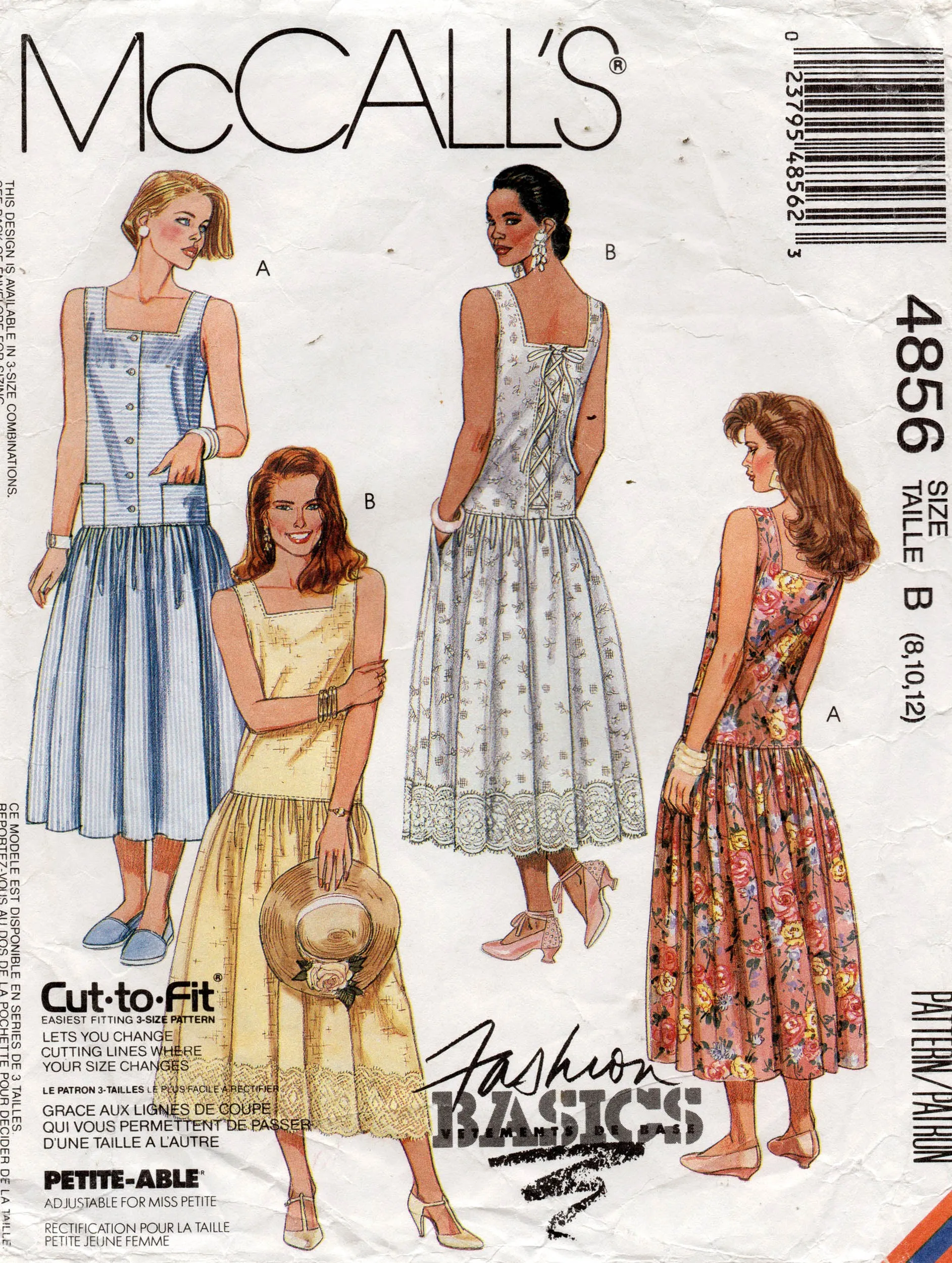 McCall's 4856 Womens Drop Waisted Square Neck Sundresses 1990s Vintage Sewing Pattern Size 8 - 12