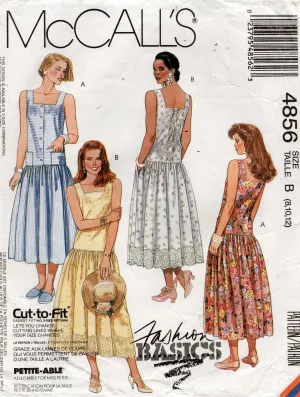 McCall's 4856 Womens Drop Waisted Square Neck Sundresses 1990s Vintage Sewing Pattern Size 8 - 12