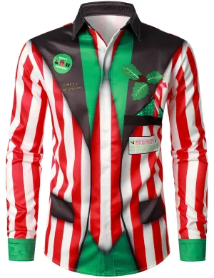 Men's Christmas Regular Fit Red and White Striped Funny Shirt