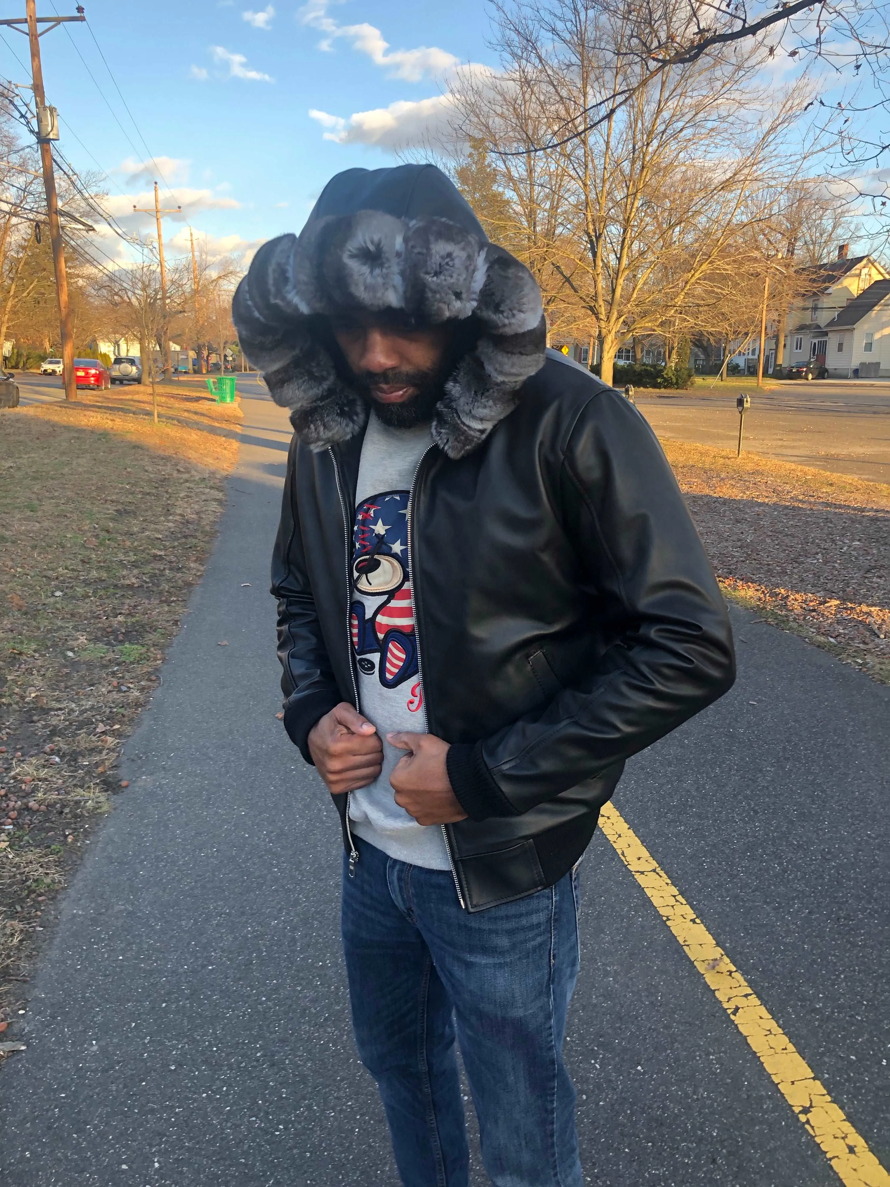 Men's Custom Made Black Leather Bomber with Chinchilla Fur Hood