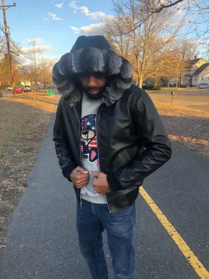 Men's Custom Made Black Leather Bomber with Chinchilla Fur Hood