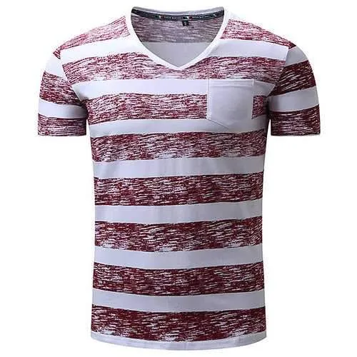 Mens Summer Striped Printed V-neck Short Sleeve Casual Cotton T-shirt