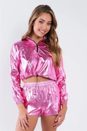 Metallic Lightweight Drawstring Crop Top & Shorts Set