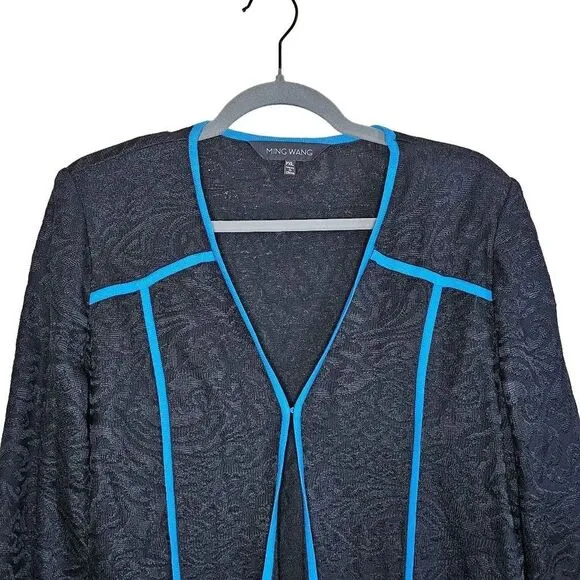 Ming Wang Lace Jacket‎ Womens Size PXL Lightweight Piping Black Blue