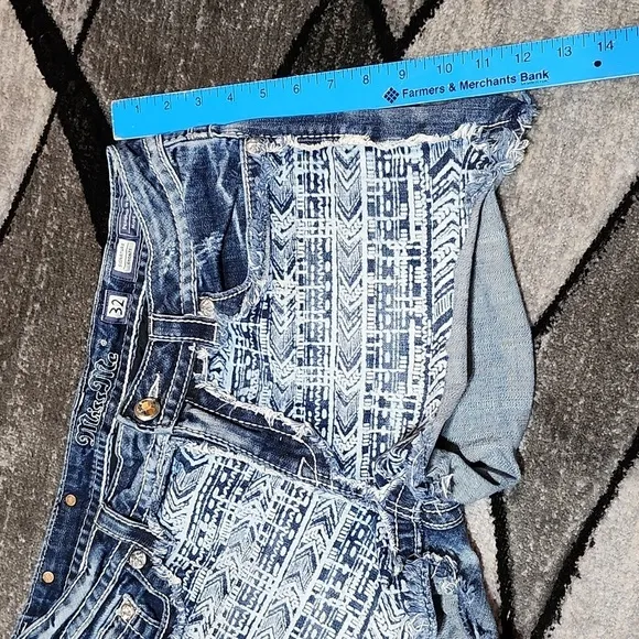 MISS ME EMBROIDERED AZTEC PRINT RHINESTONES RAW-EDGE SIGNATURE DENIM SHO…