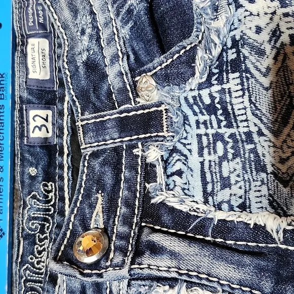 MISS ME EMBROIDERED AZTEC PRINT RHINESTONES RAW-EDGE SIGNATURE DENIM SHO…