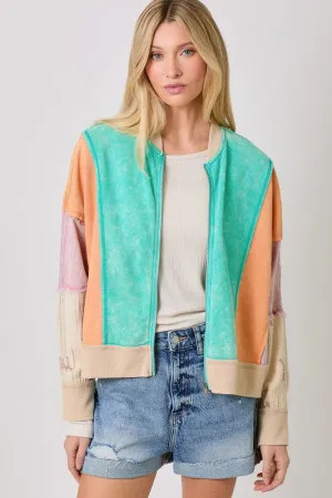 MIXED MEDIA COLOR BLOCKED FRENCH TERRY ZIP SWEATSHIRT