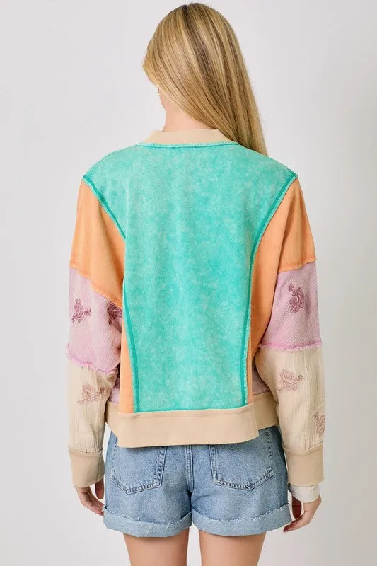 MIXED MEDIA COLOR BLOCKED FRENCH TERRY ZIP SWEATSHIRT