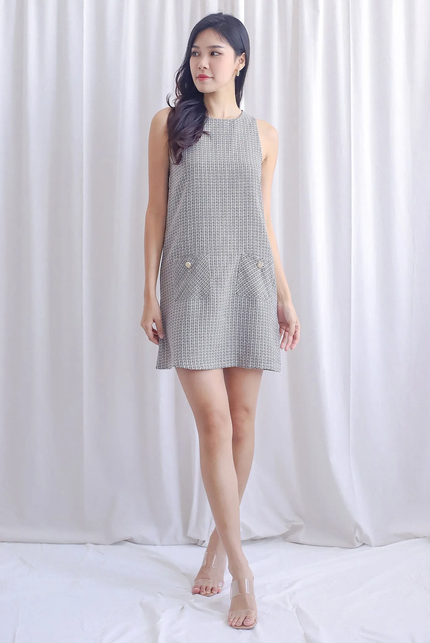 Monalise Tweed Button Pocket Shift Dress In Black Cream