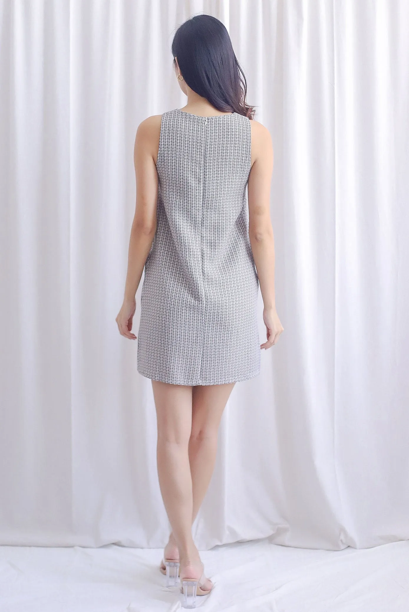 Monalise Tweed Button Pocket Shift Dress In Black Cream