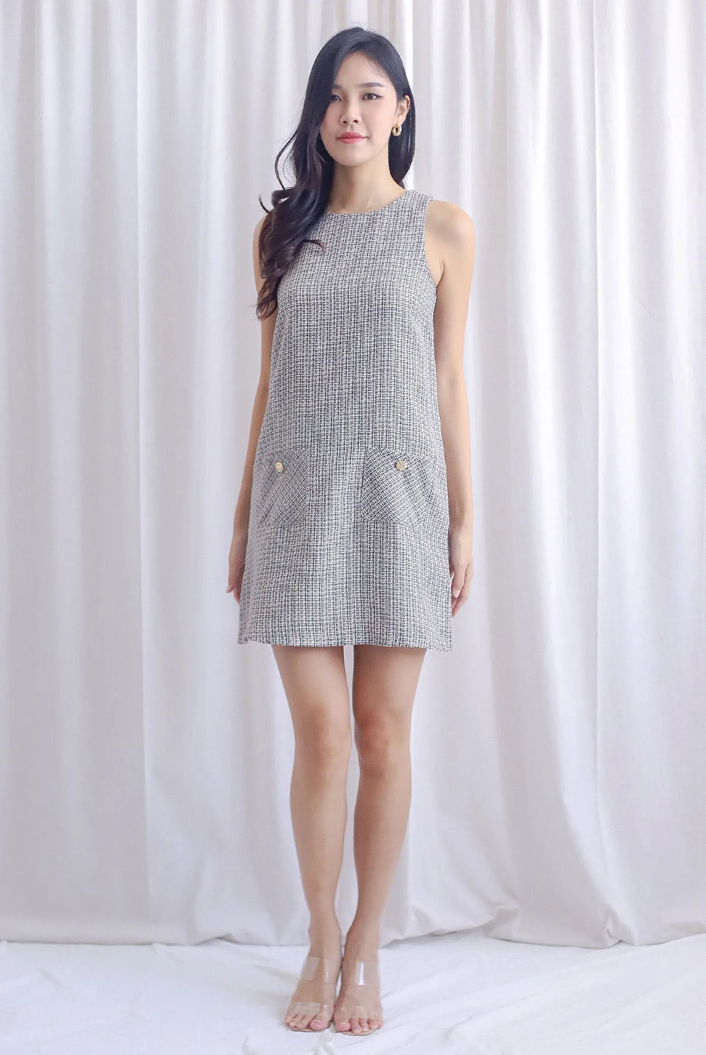 Monalise Tweed Button Pocket Shift Dress In Black Cream