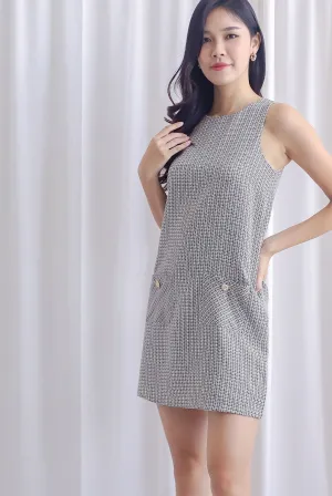 Monalise Tweed Button Pocket Shift Dress In Black Cream